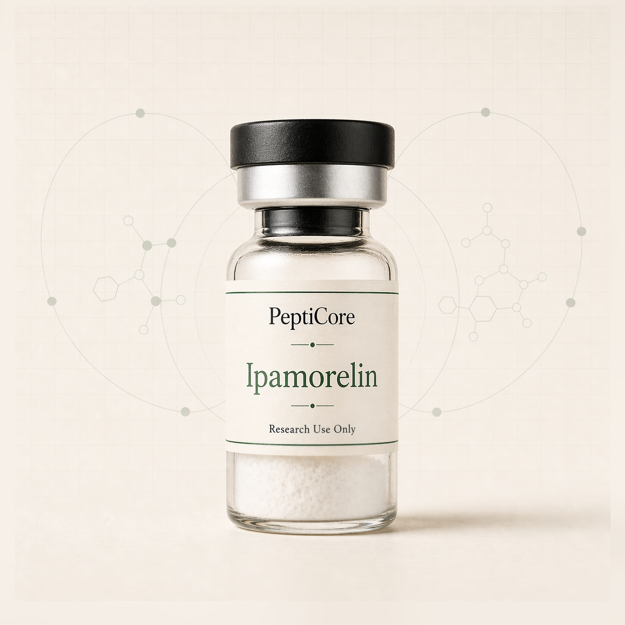 Ipamorelin research-use peptide vial from PeptiCore