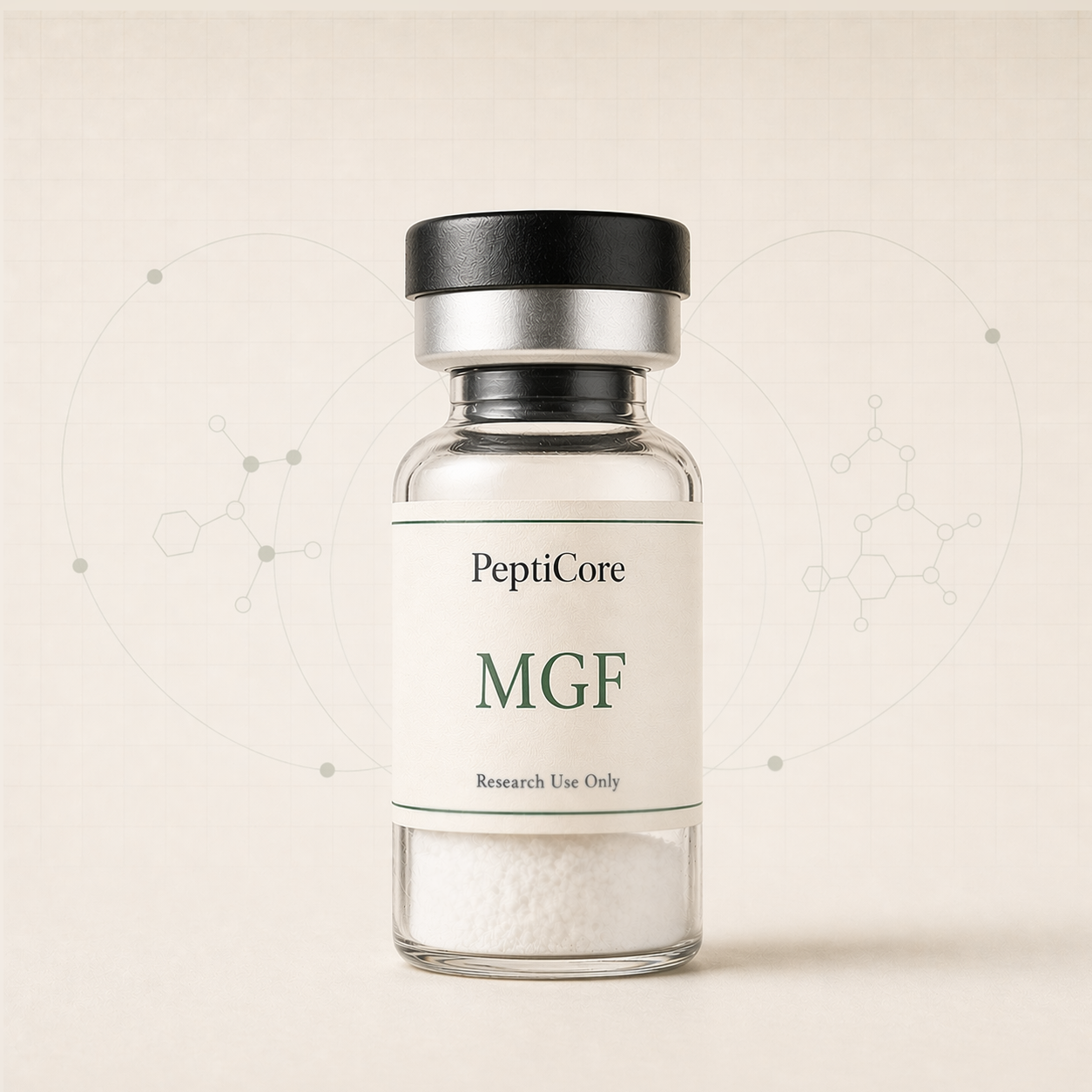 MGF research-use peptide vial from PeptiCore