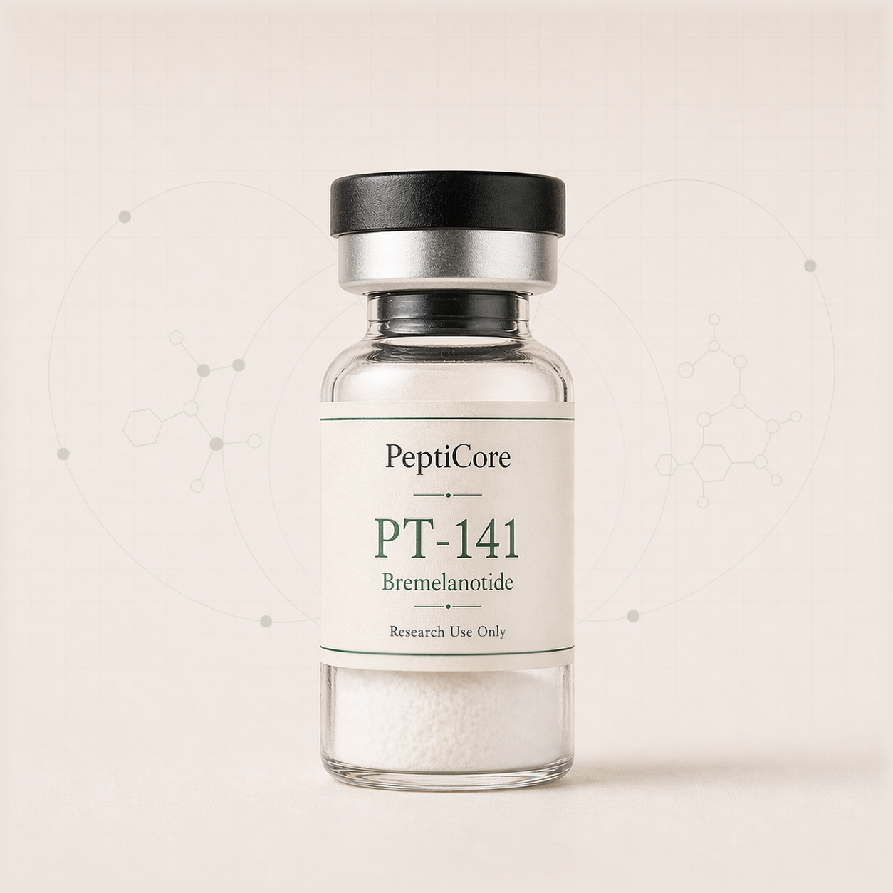 PT-141 research-use peptide vial from PeptiCore