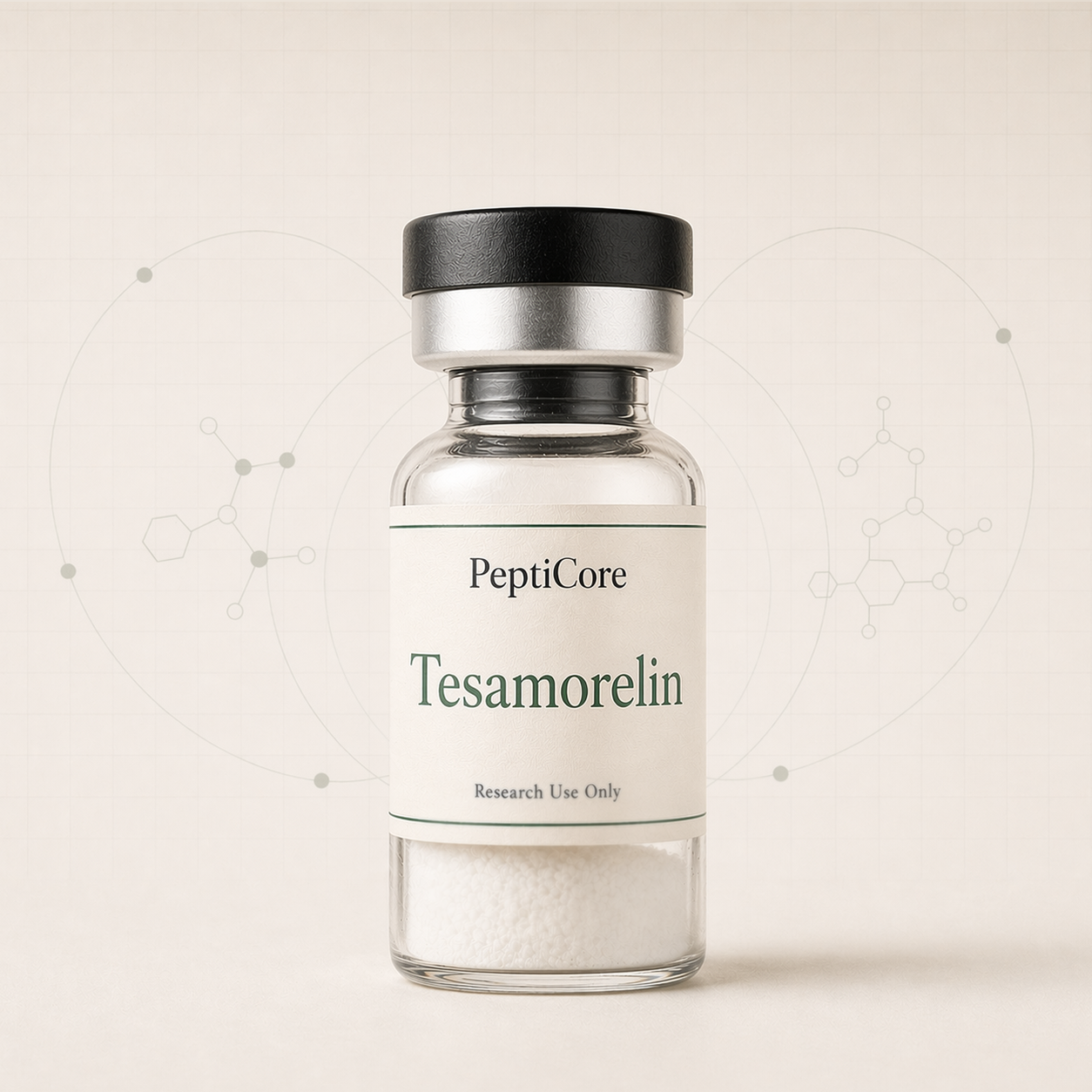 Tesamorelin research-use peptide vial from PeptiCore
