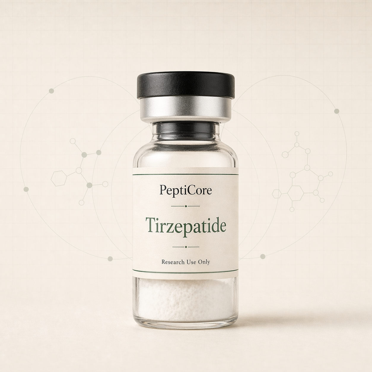 Tirzepatide research-use peptide vial from PeptiCore